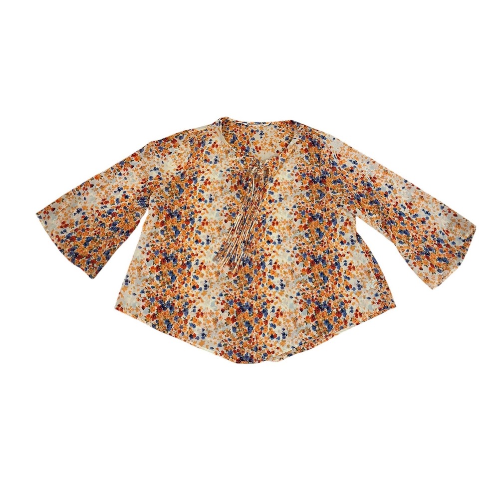 Boho Flowing Hippie Laundry Womens XL Floral Chiffon Tie Neck Bell Sleeve Blouse